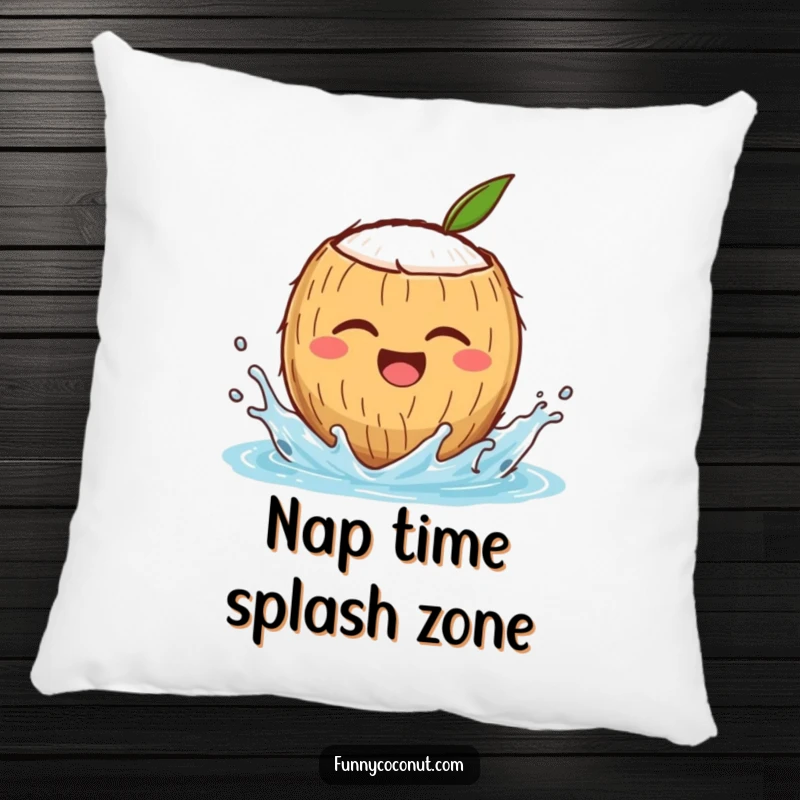 Funny pillow with a winking coconut character splashing water, offering comfort and a humorous tropical touch, a great gift.