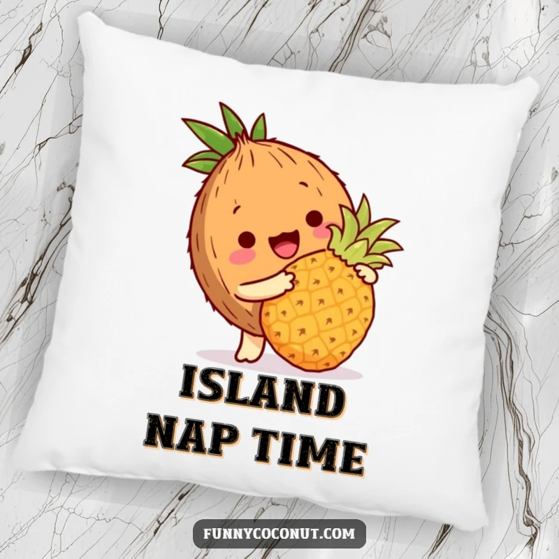 Funny coconut pillow featuring a coconut character playfully bopping a miniature pineapple with its husk, island comfort.