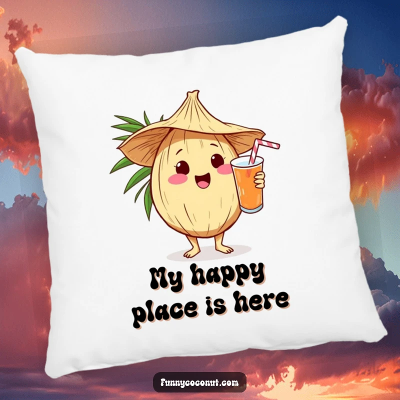Soft pillow with a funny kawaii coconut in a straw hat serving a drink, offering comfort and tropical humor.
