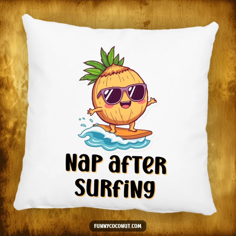 Funny Coconut Surfer Pillow: A delighted coconut character in sunglasses surfs a wave, offering cool comfort and beachy vibes, perfect for relaxation.