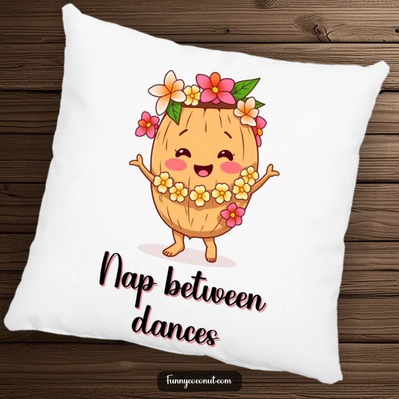 Funny Coconut Pillow, soft and festive, showing a coconut dancing with a flower lei, perfect for decor and comfort, a great funny gift.