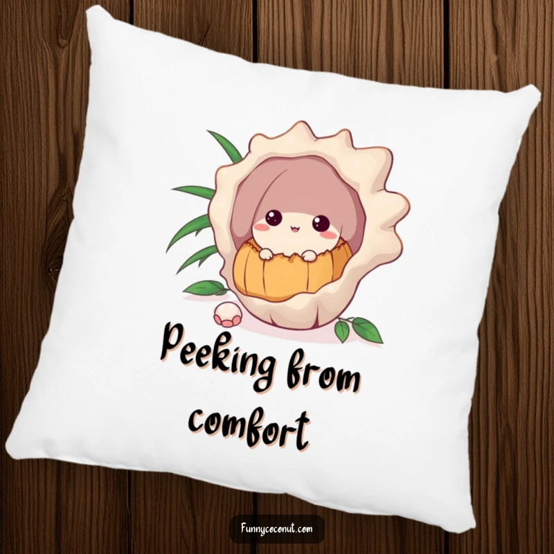 Funny pillow featuring a curious coconut peeking from behind a large seashell, offering comfort and whimsical charm.