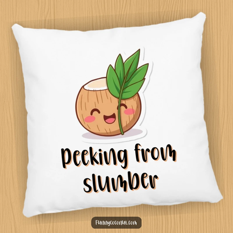 Funny coconut pillow featuring a laughing coconut character peeking from behind a small, tropical leaf, cozy and cheerful.