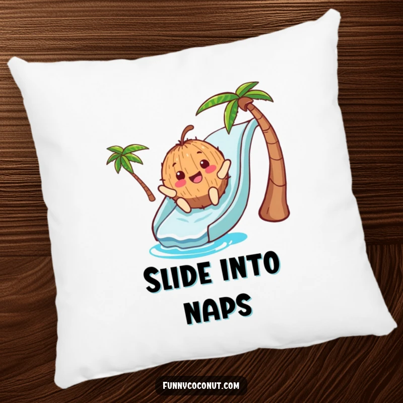 Funny Pillow: A plush pillow depicting a happy coconut character mid-slide down a blue waterslide, providing comfortable and humorous summer-themed decor.