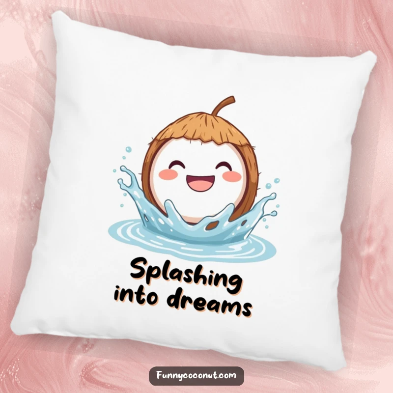 Funny pillow featuring a grinning coconut joyfully splashing in water, providing soft comfort and a dose of aquatic humor.