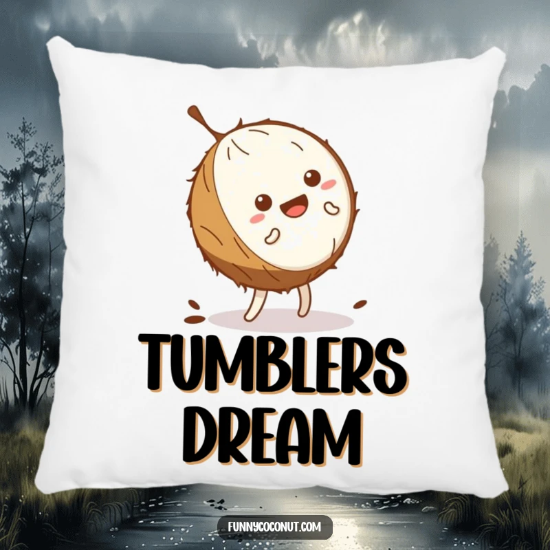 A soft funny kawaii coconut wobbling comically while attempting a cartwheel, designed on a plush pillow.