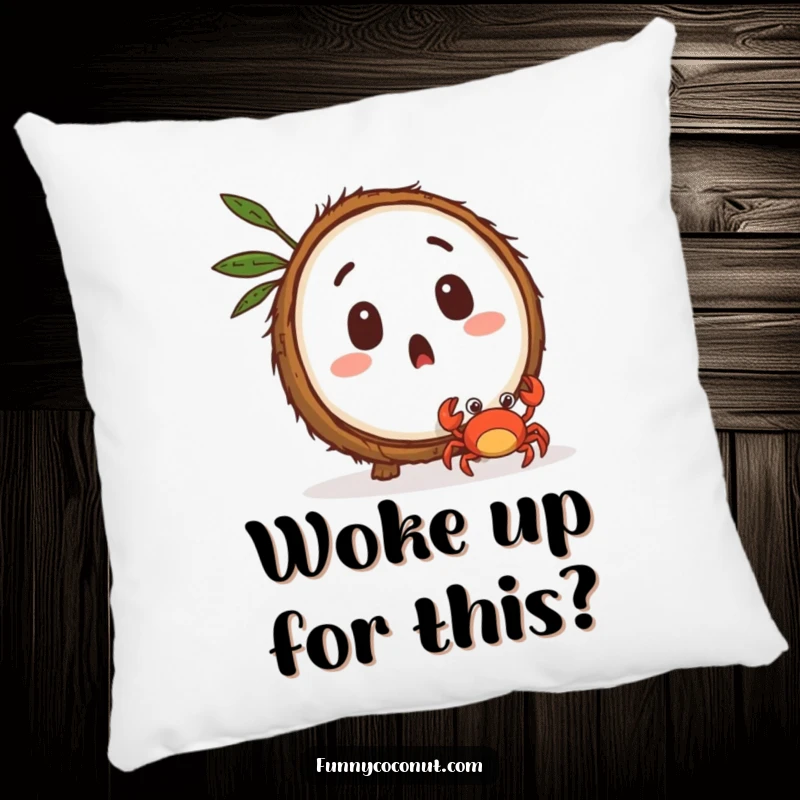 Funny surprised coconut character watching a tiny crab scuttle away, a soft and decorative pillow.