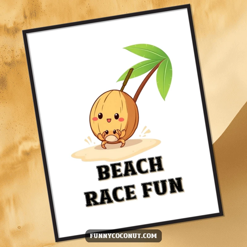 Funny digital art of a coconut racing a tiny crab on the sand, for lively decor.