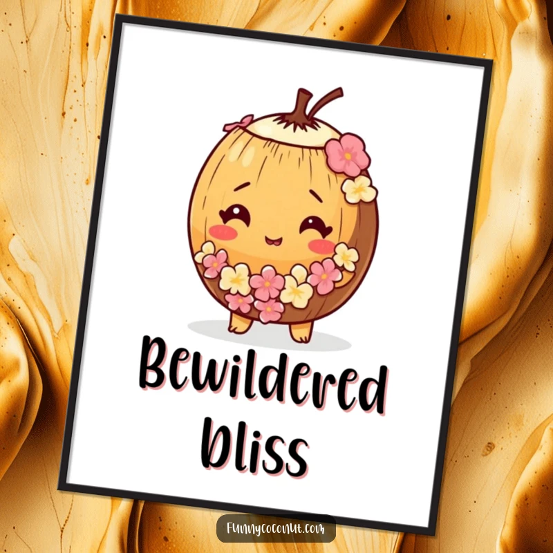 Funny digital art of a bewildered coconut wearing a tiny lei, for quirky decor.