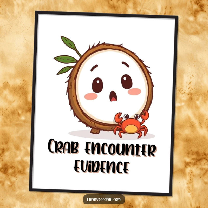 Funny surprised coconut character watching a tiny crab scuttle away, a downloadable art print.