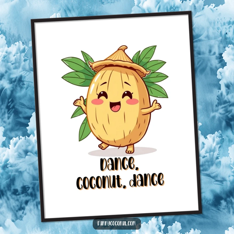 Funny Coconut Jig Digital Art Print: A high-resolution image of a comical coconut character dancing in a straw hat.
