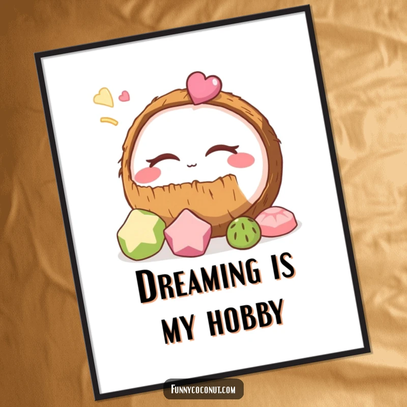 Funny coconut digital art print of a coconut peacefully dreaming of tasty treats, ready to hang and spread joy.