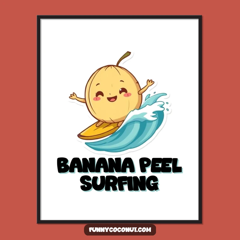 Funny Banana Peel Surfing Coconut Digital Art: Instant Bold Fun Gift