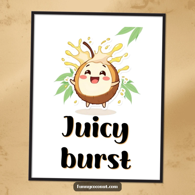 Funny Coconut Digital Art Print: A high-resolution image of a happy coconut character spraying refreshing juice.