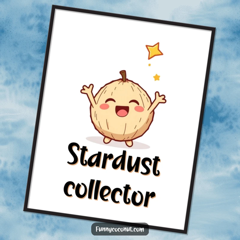 Funny digital art of a delighted coconut with arms outstretched, catching a shooting star, ready to be printed and framed.