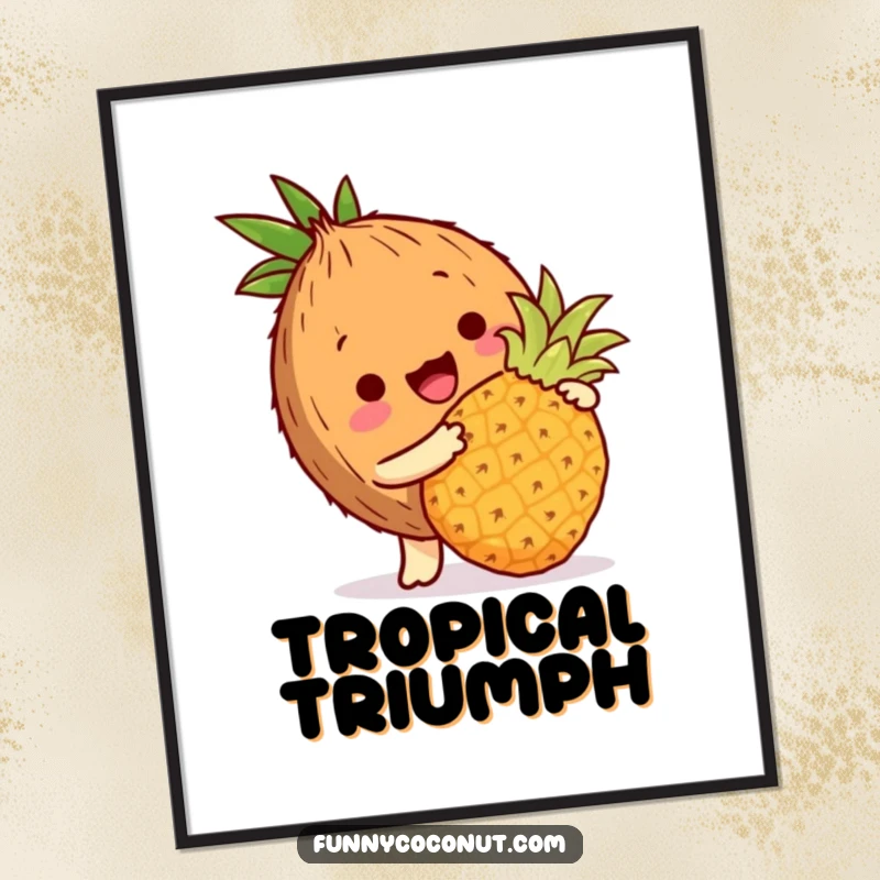 Funny coconut digital art print of a coconut character playfully bopping a miniature pineapple with its husk.