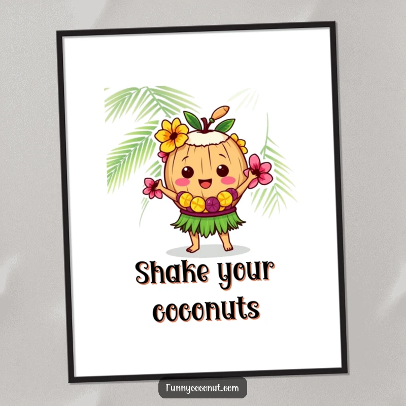 Funny coconut character with a lei, dancing the hula, a vibrant and humorous digital art print for instant tropical vibes.