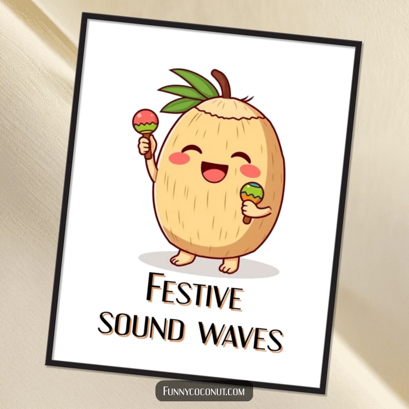 Funny digital art of a coconut character joyfully playing tiny maracas, radiating infectious energy and a love for festive celebration.