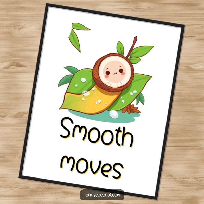 Funny digital art print of a coconut sliding down a dewy leaf like a slide, for instant download.