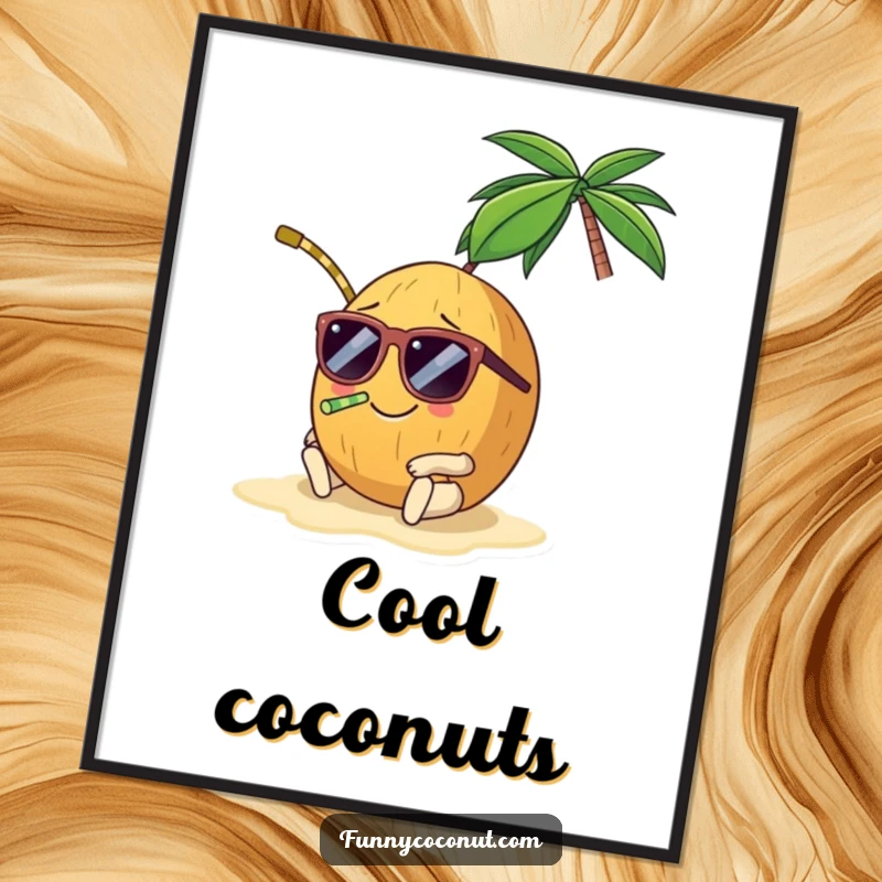 Funny coconut digital art, a smiling coconut wearing sunglasses and a straw, lounging on a beach, symbolizing relaxation and fun.