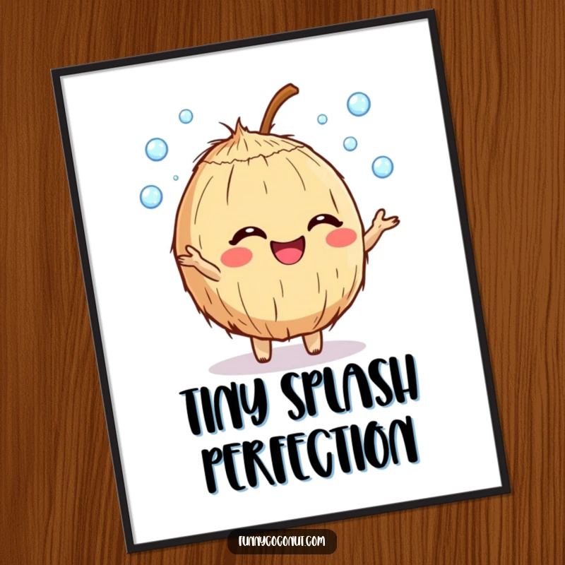 Funny giggling coconut character digital art print juggling dewdrops, whimsical and joyful for instant home decor.