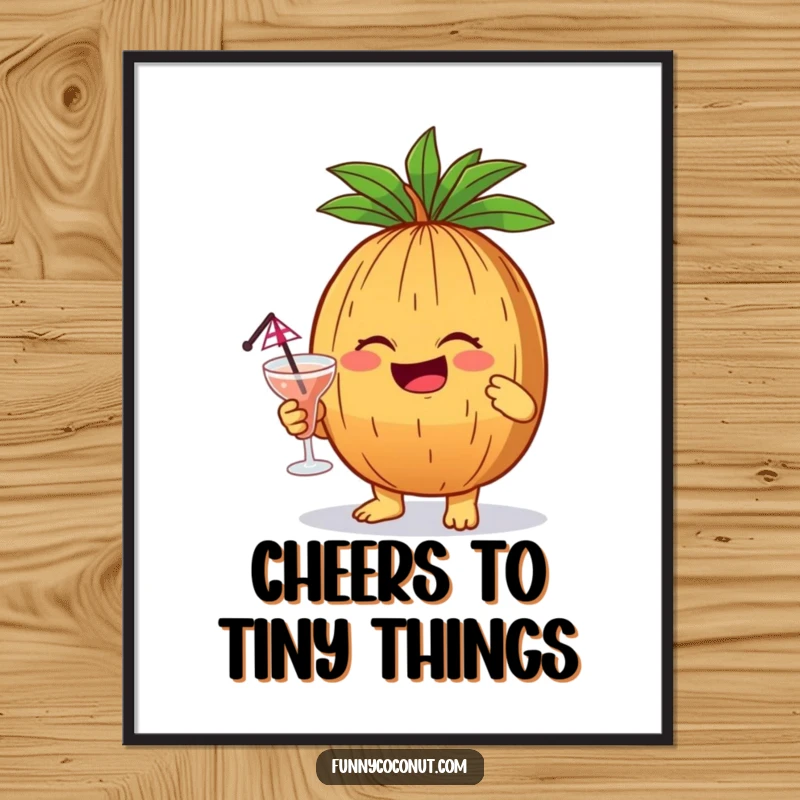 Funny giggling coconut holding a small cocktail with an umbrella, a humorous digital art print for party vibes.