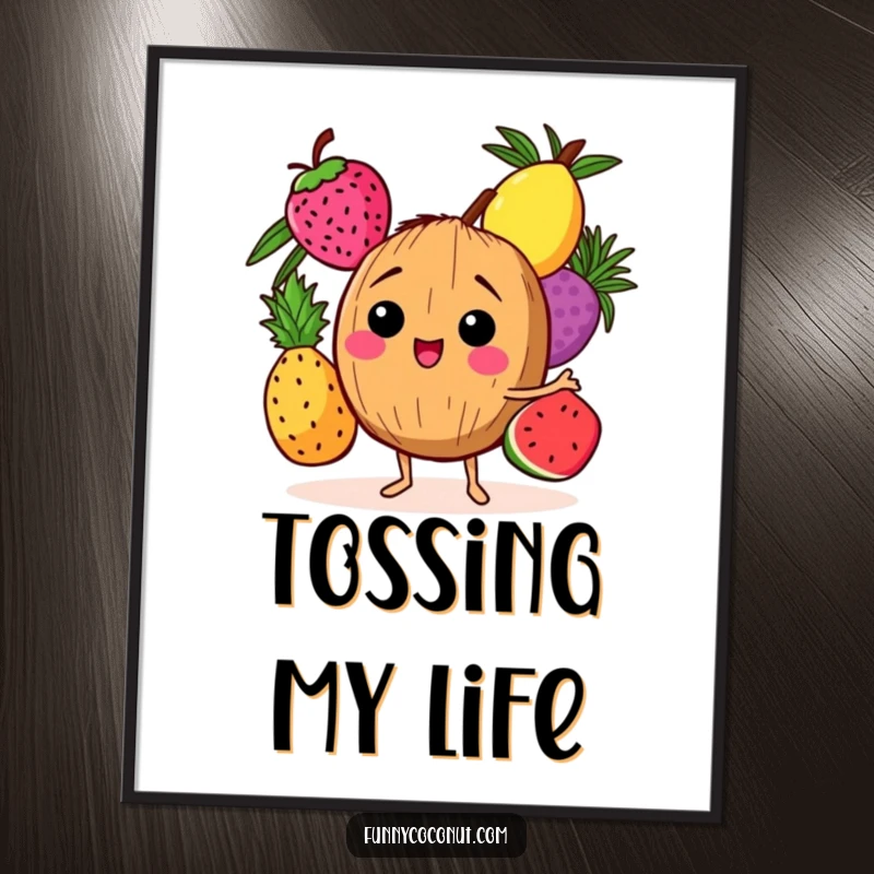 Funny digital art print of a joyful coconut character juggling three assorted tropical fruits, ready for instant download.