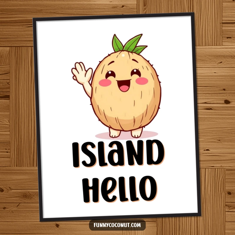 Funny Happy Coconut Digital Art: A happy coconut character offers a big, friendly wave, embodying tropical warmth and humor.