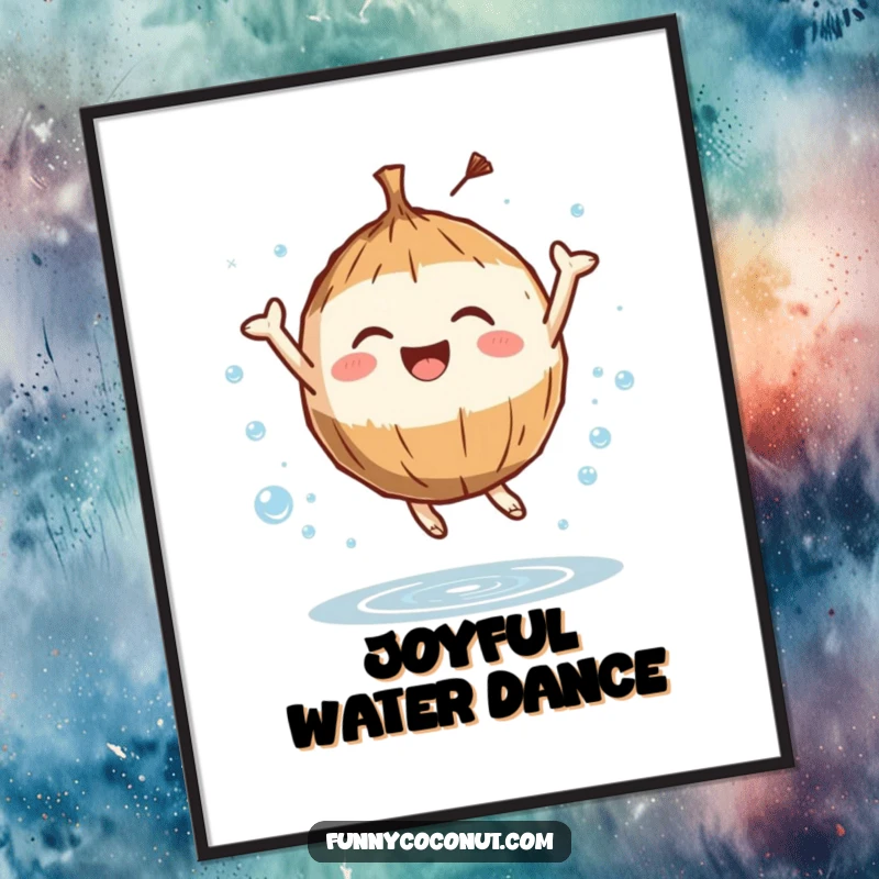 Funny digital art print of a coconut character leaping with joy surrounded by water droplets, perfect for instant refreshing and humorous wall decor.