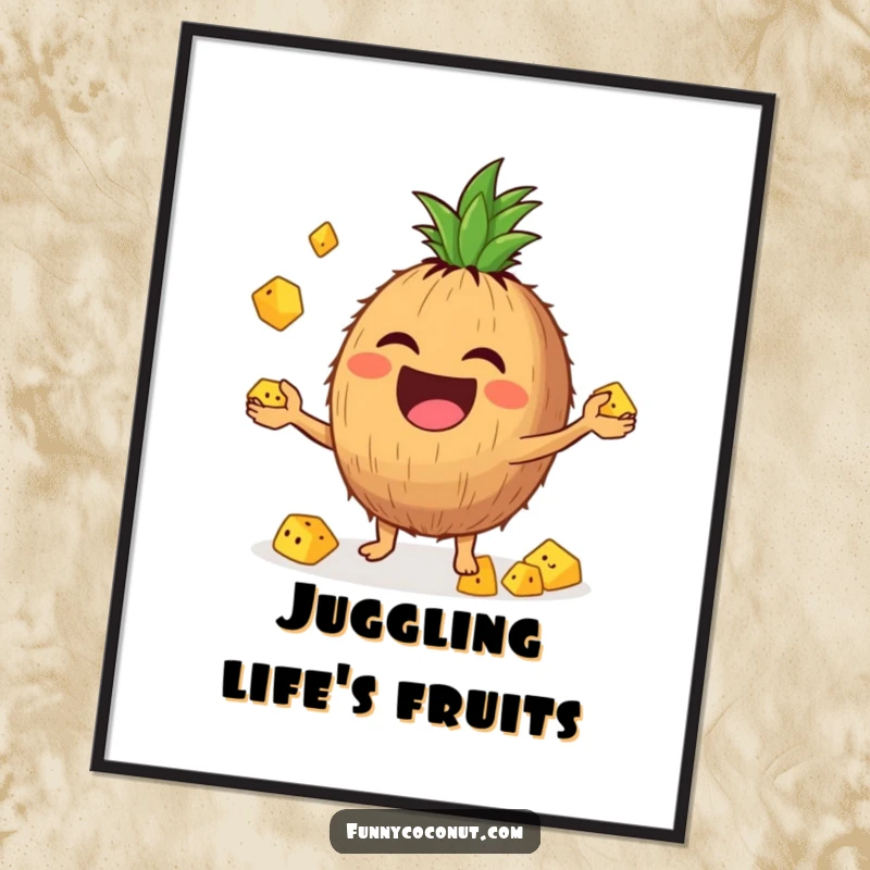 Funny digital art print of a laughing coconut character enthusiastically juggling tiny pineapple chunks with impressive skill.