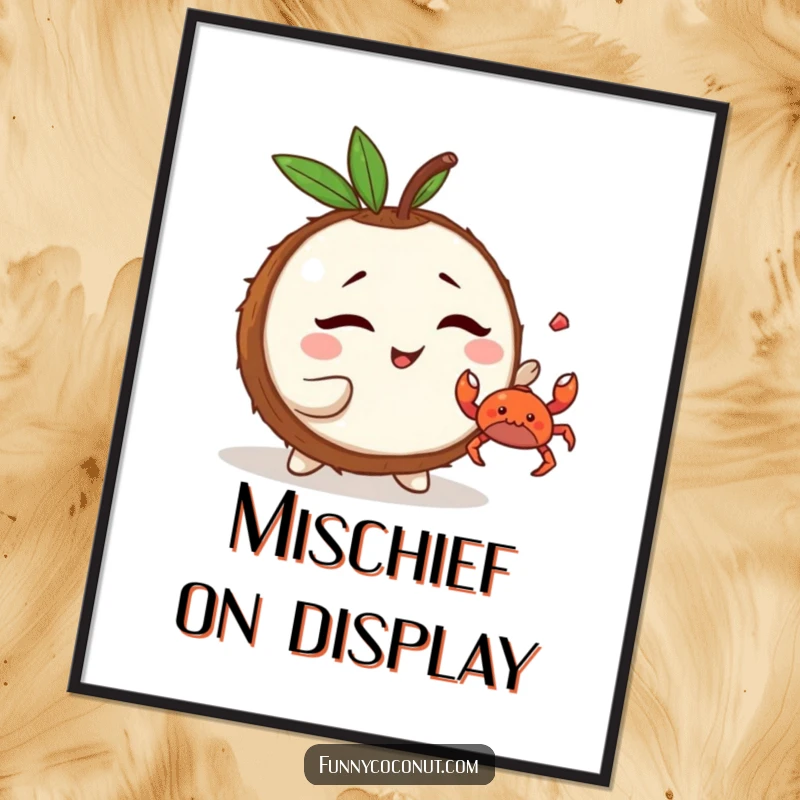 Funny Kawaii Coconut Digital Art Print: a mischievous character winking and tossing a tiny crab, perfect for instant playful decor.
