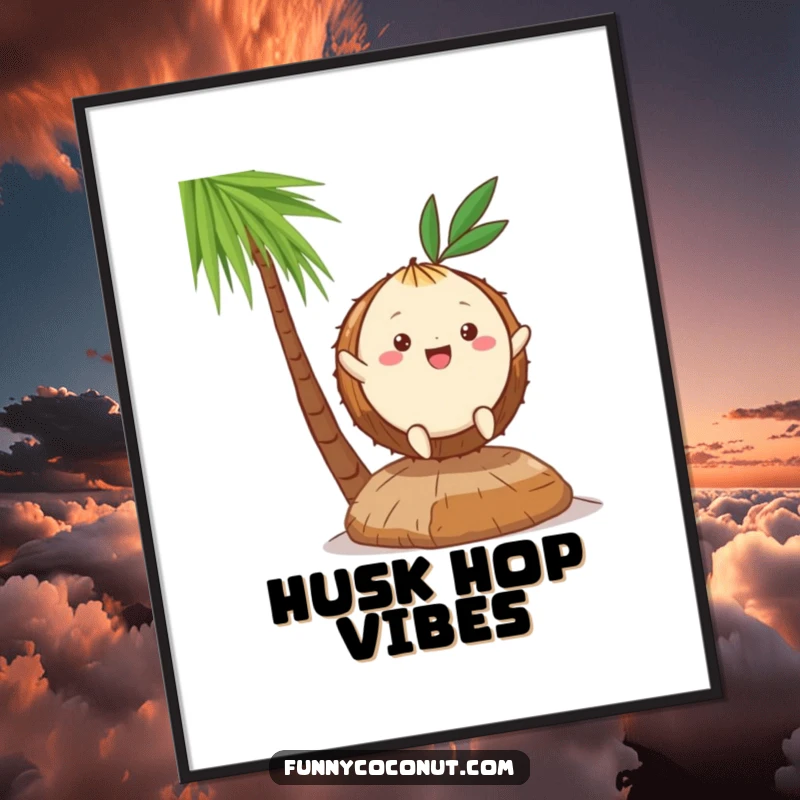 Funny Kawaii Coconut Digital Art Print: a cute character hopping on a husk, perfect for instant tropical decoration and cheer.