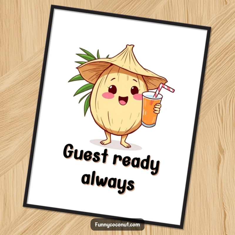 Funny kawaii coconut in a straw hat serving a drink, available as a high-resolution digital art print.