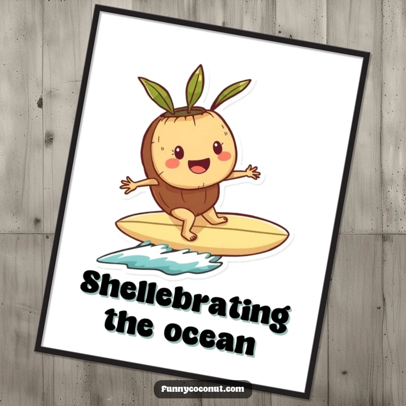 Funny digital art print of a happy coconut character riding a seashell surfboard on a stylized wave.