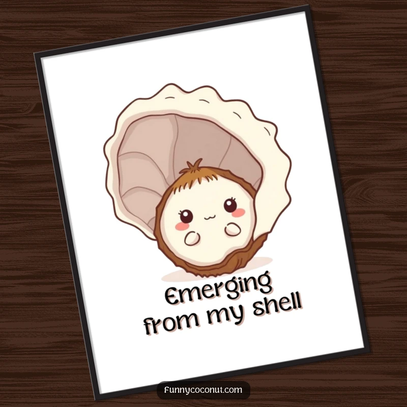 Funny shy kawaii coconut peeking from behind a large seashell, offered as a high-resolution digital art print.
