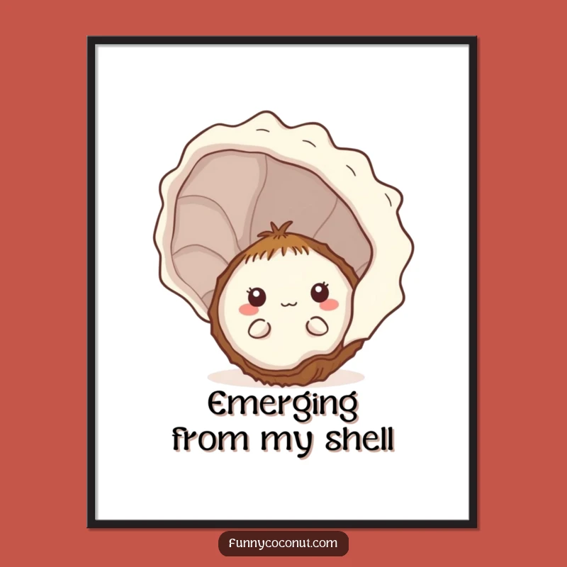 Funny Shy Kawaii Coconut Seashell Digital Art - Instant Cute Decor Gift