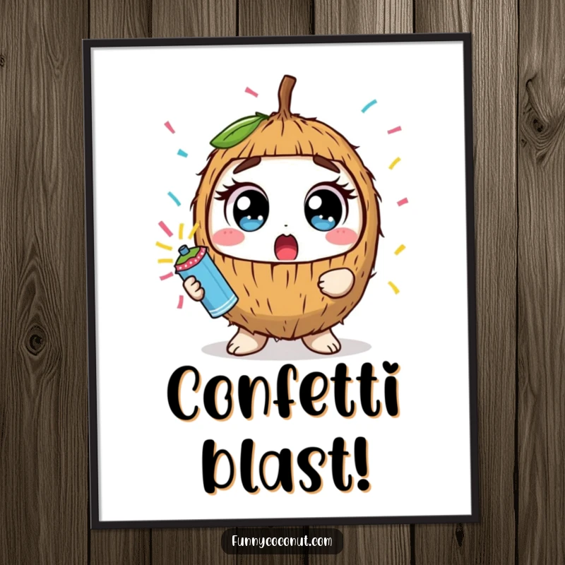 Funny kawaii coconut with wide eyes holding a confetti popper, as a digital art print for instant wall decor.