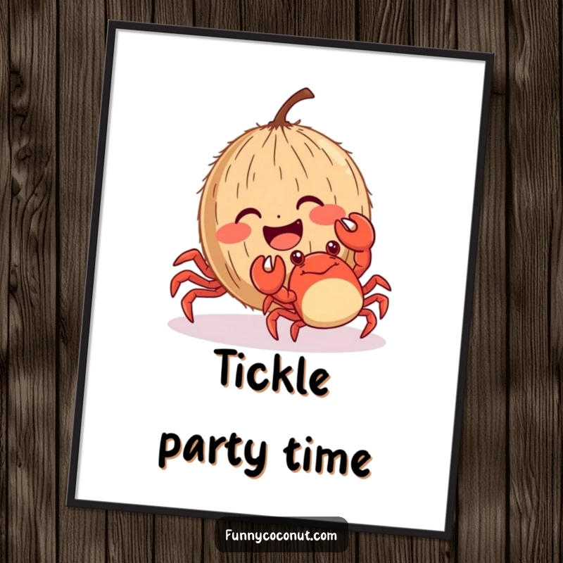 Funny giggling coconut with rosy cheeks being tickled by a crab, a downloadable digital art print for humorous decor.
