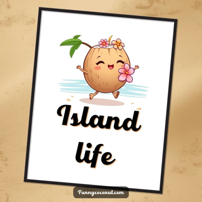 Funny digital art print of a winking coconut with a flower lei skipping on sand, perfect for tropical-themed decor.