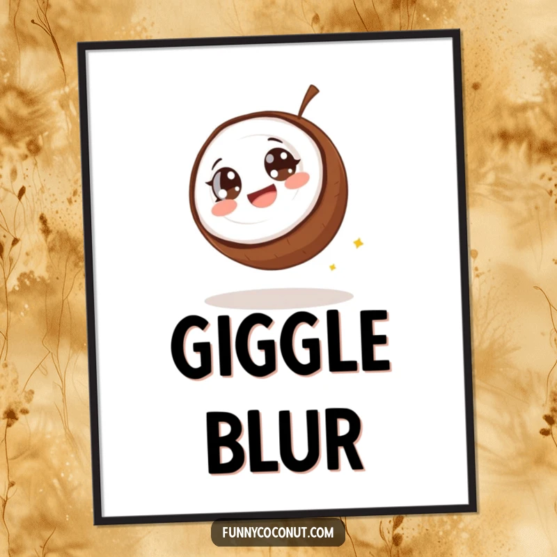 Funny coconut digital art, a coconut with wide eyes giggling as it rolls downhill, symbolizing pure, infectious amusement.