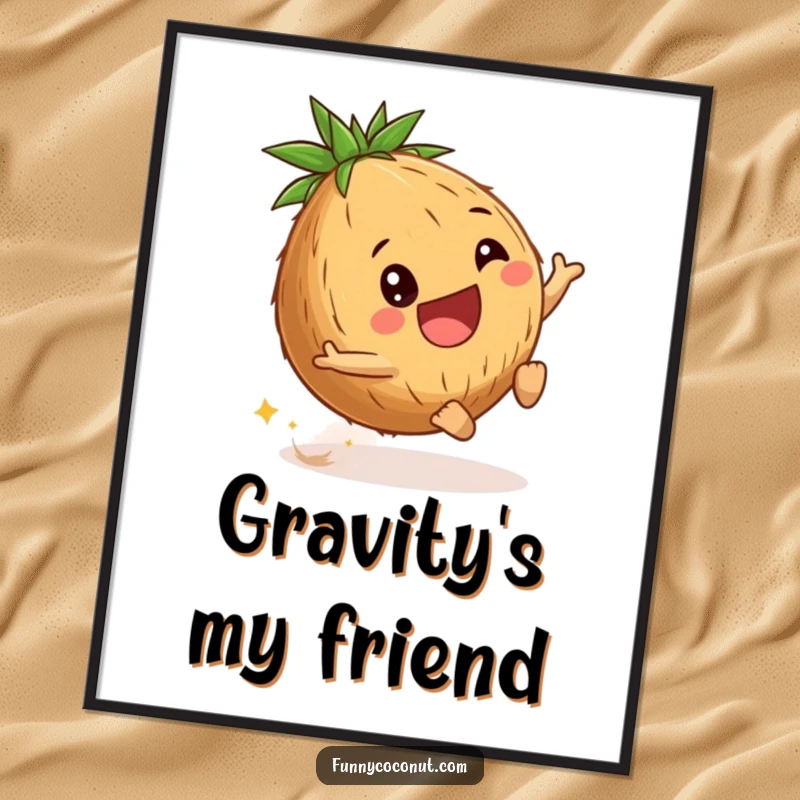 Funny coconut digital art print of a delighted young coconut energetically rolling downhill, perfect for adding playful fun and adventure.