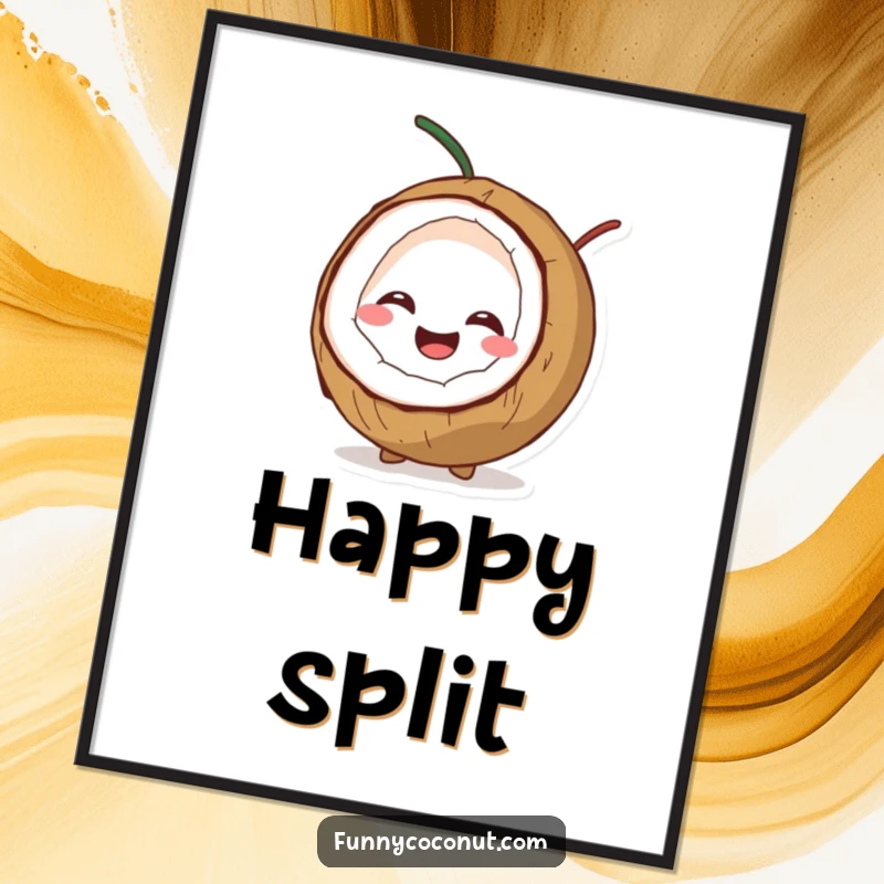 Funny digital art print of a coconut character splitting open with a joyful giggle, perfect for instant humorous wall decor.
