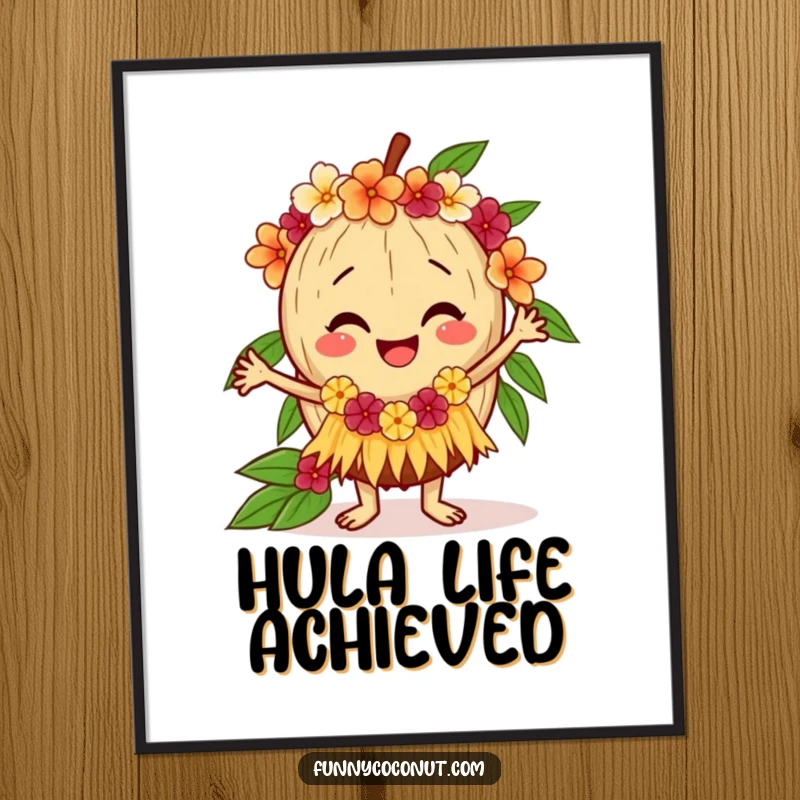 Funny coconut digital art print of a happy coconut performing a hula dance with a lei, perfect for adding tropical fun and cheer.