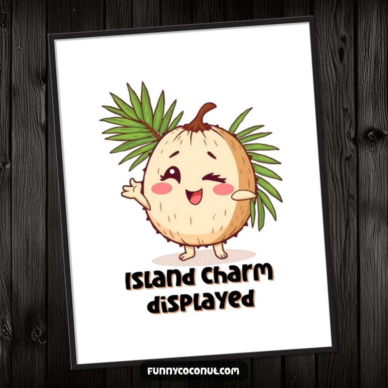 Funny digital art of a coconut character winking playfully and striking a confident pose with a palm frond, capturing tropical sassiness.