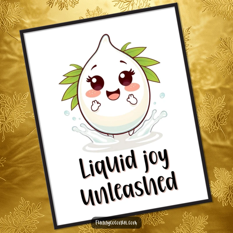 Funny coconut water droplet character digital art print, making tiny splashes, perfect for playful and vibrant home decor.
