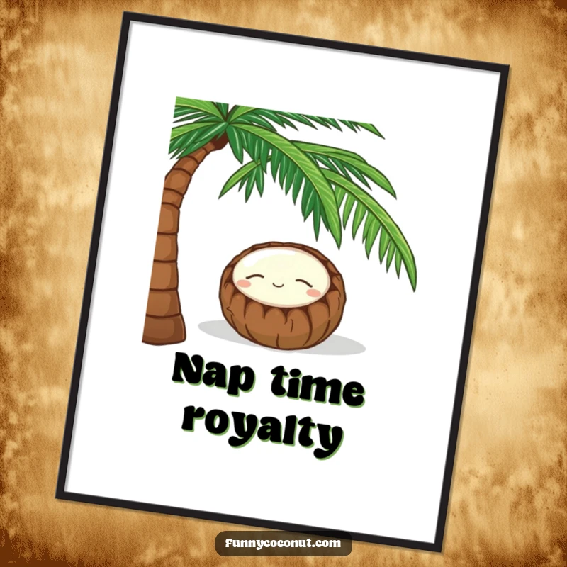 Funny digital art of a sleeping coconut with a peaceful smile napping under a palm tree, ready for printing.