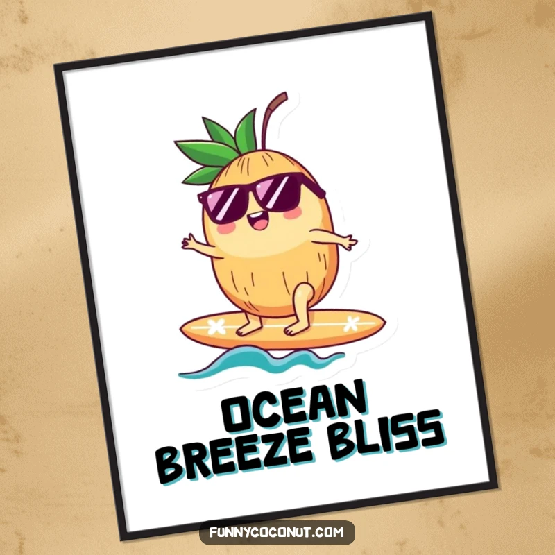 Funny digital art print of a cool coconut with sunglasses, riding a surfboard, capturing the essence of beachside fun and humor.
