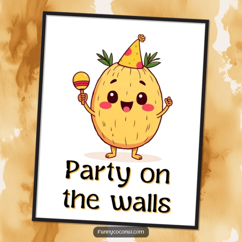 Funny Coconut Digital Art Print: A cheerful coconut character with a party hat shakes maracas, radiating joy and festive energy, ideal for instant decor.