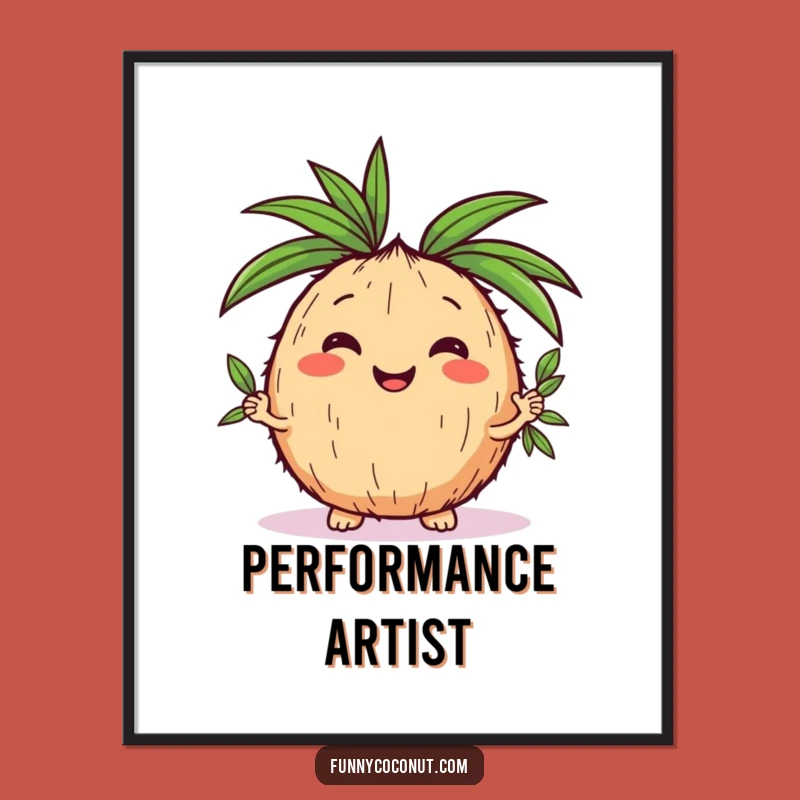 Funny Kawaii Coconut Juggling Leaves Digital Art - Instant Tropical Wall Decor Gift