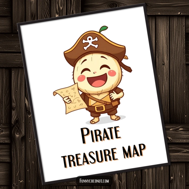 Funny Pirate Coconut Digital Art Print: A laughing coconut character dressed as a pirate holds a treasure map, radiating adventure and fun, perfect for decor.